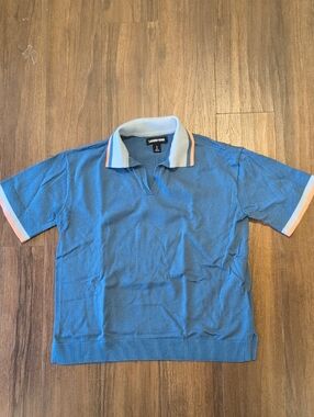 Lands' End Blue Short Sleeve Knit Polo with Contrast Trim